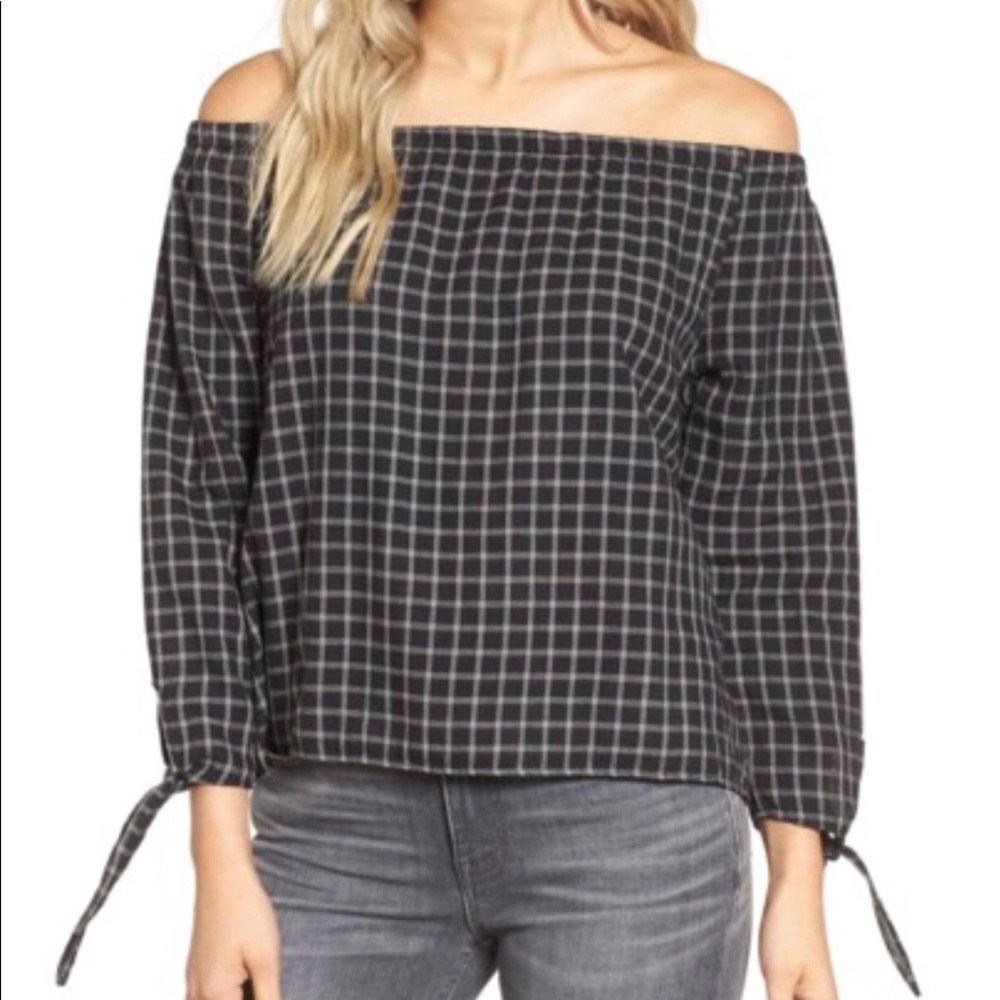 Madewell Plaid Off the Shoulder Top Black